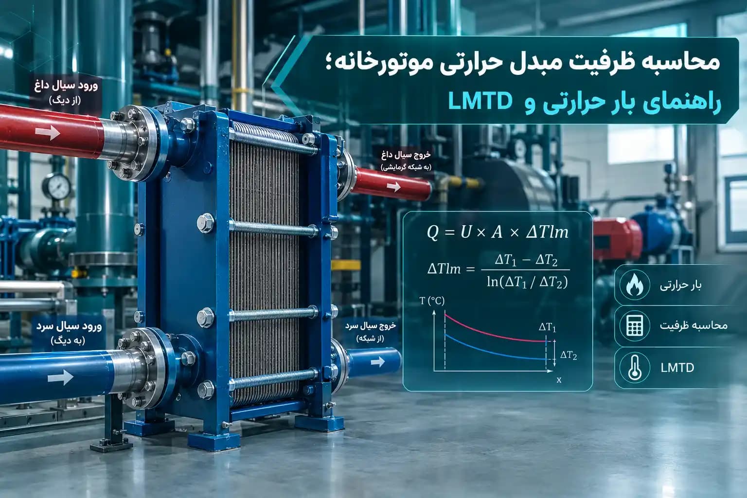 محاسبه ظرفیت مبدل حرارتی موتورخانه؛ راهنمای بار حرارتی و LMTD