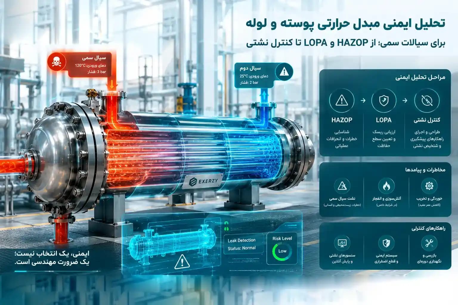 تحلیل ایمنی مبدل حرارتی پوسته و لوله برای سیالات سمی؛ از HAZOP و LOPA تا کنترل نشتی