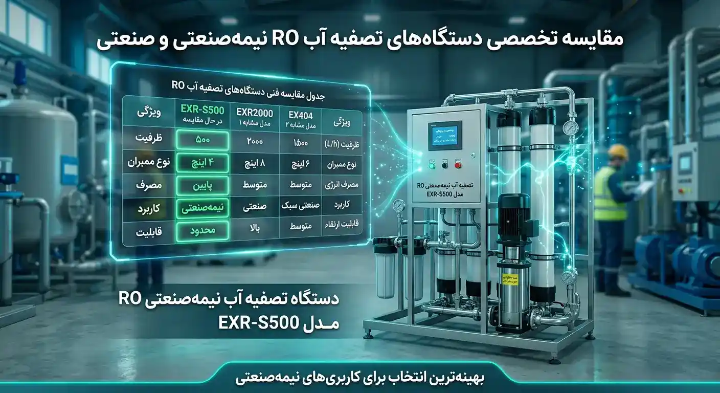 مقایسه تصفیه آب نیمه صنعتی RO مدل EXR-S500 با مدلهای مشابه مقایسه تصفیه آب نیمه صنعتی RO مدل EXR-S500 با مدلهای مشابه