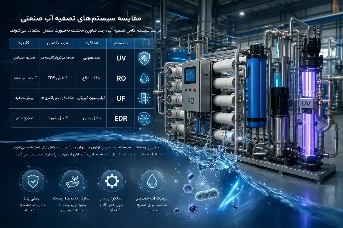 مقایسه سیستمهای تصفیه آب صنعتی با فیلتر UV مقایسه سیستمهای تصفیه آب صنعتی با فیلتر UV