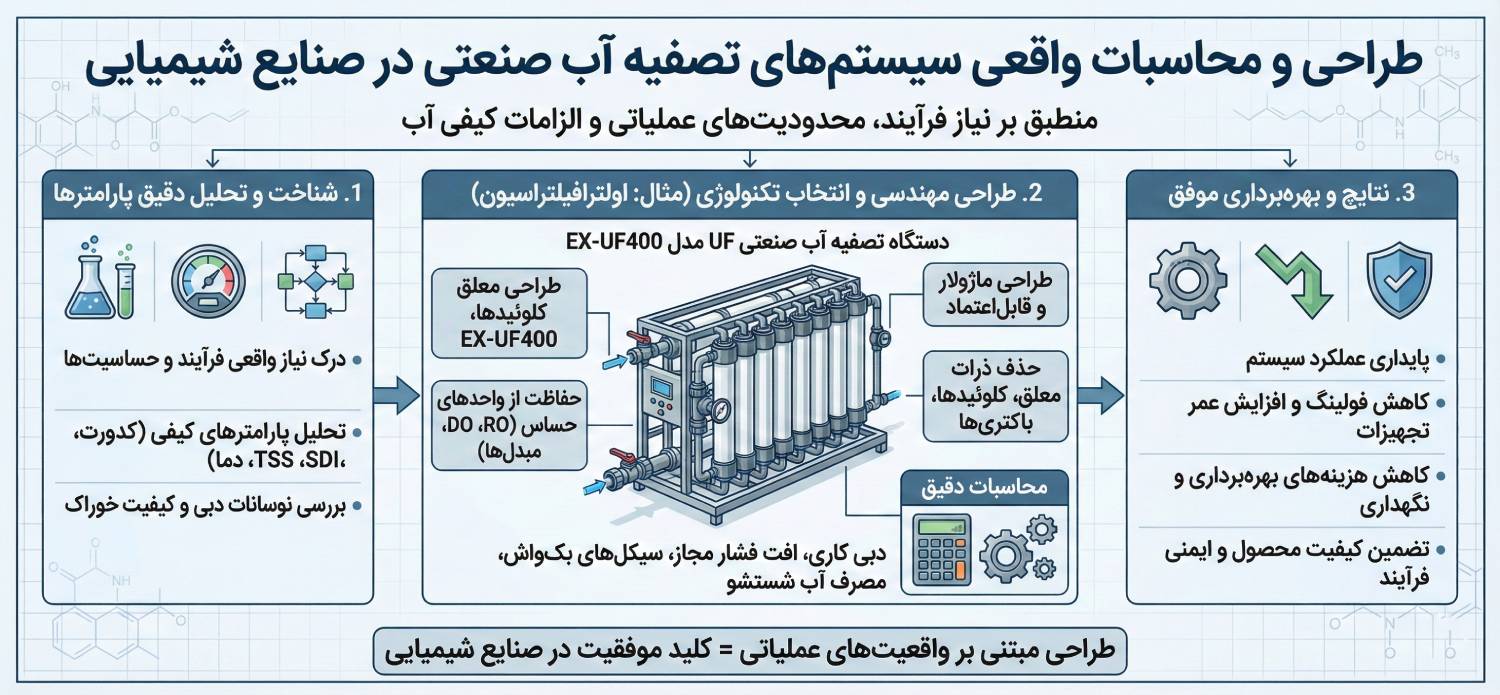 طراحی و محاسبات واقعی سیستم‌های تصفیه آب صنعتی در صنایع شیمیایی